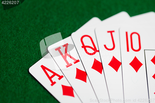 Image of poker hand of playing cards on green casino cloth