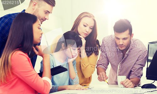 Image of creative team with blueprint working at office