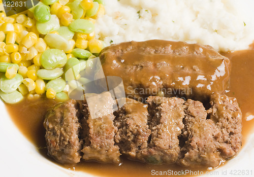 Image of meatloaf with mashed potatoes and succotash