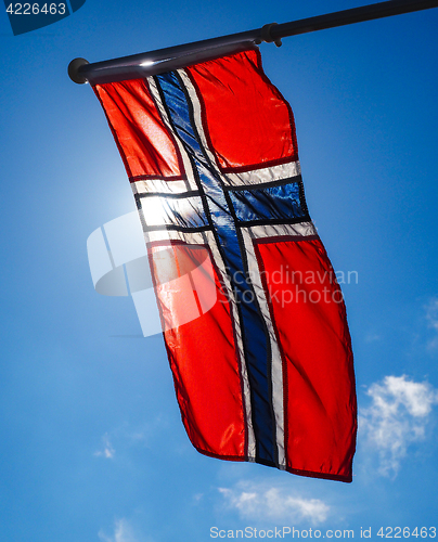 Image of Norwegian flag up close, towards the sun on beautiful blue sky