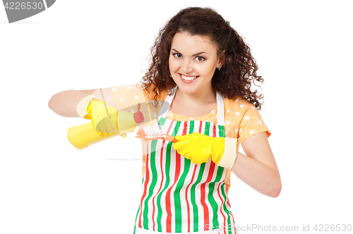 Image of Housewife with cleaning supplies