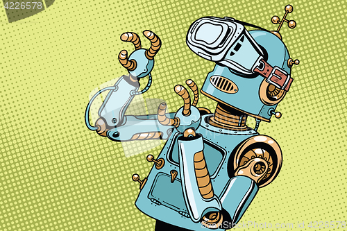 Image of Scared retro robot in VR glasses