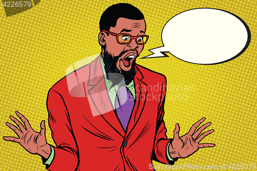 Image of Shocked hipster bearded African American businessman says comic 