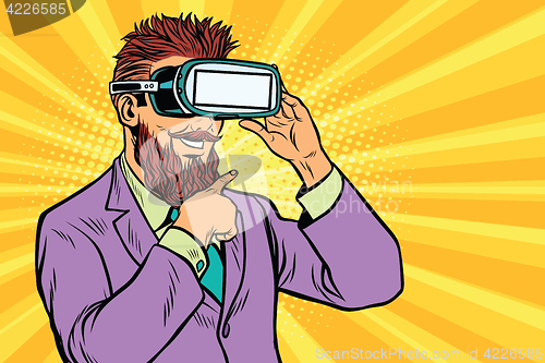 Image of Smiling bearded hipsters in VR glasses