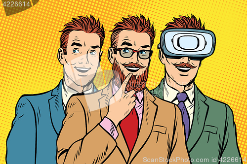 Image of Band trendy retro businessmen, VR glasses