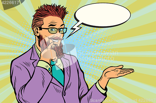 Image of smiling bearded hipster promoter gesture of businessman