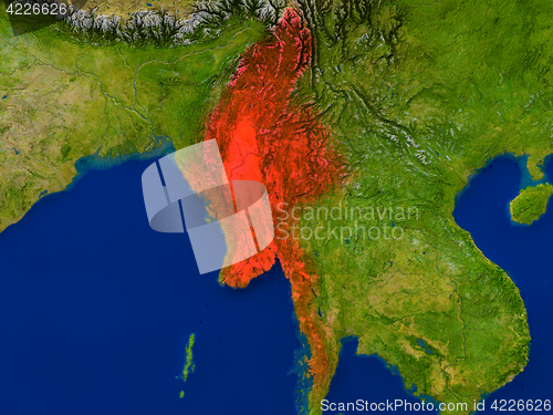 Image of Myanmar from space in red