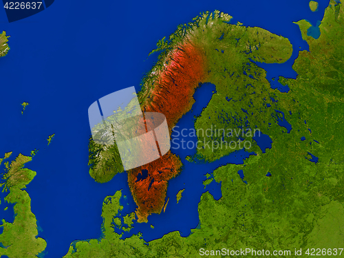 Image of Sweden from space in red