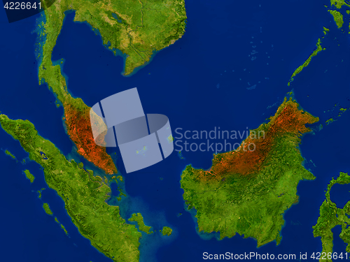 Image of Malaysia from space in red