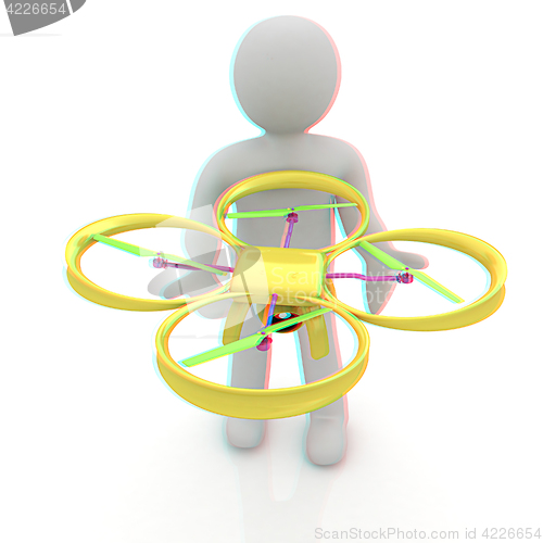 Image of 3d man with drone, quadrocopter, with photo camera. 3d render. 3