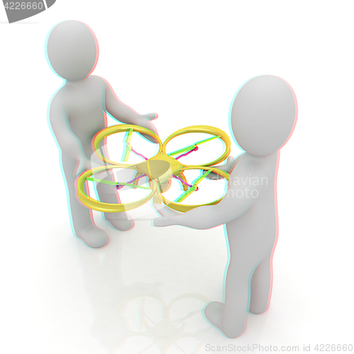 Image of 3d man with drone, quadrocopter, with photo camera. 3d render. 3