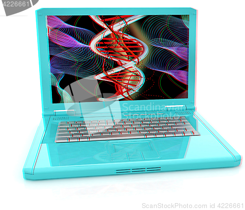 Image of Laptop with dna medical model background on laptop screen. 3d il