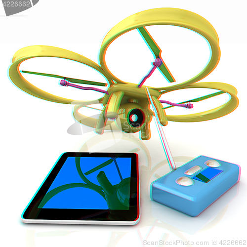 Image of Drone, remote controller and tablet PC. Anaglyph. View with red/