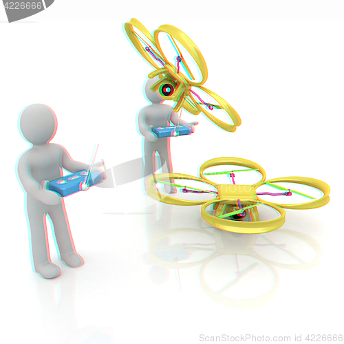 Image of 3d man with drone, quadrocopter, with photo camera. 3d render. 3