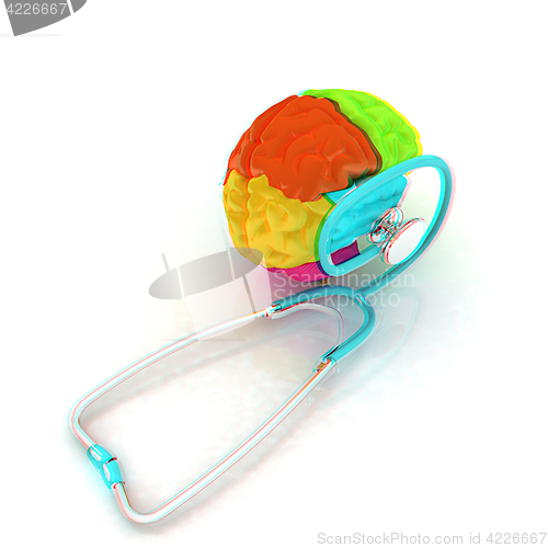 Image of stethoscope and brain. 3d illustration. Anaglyph. View with red/