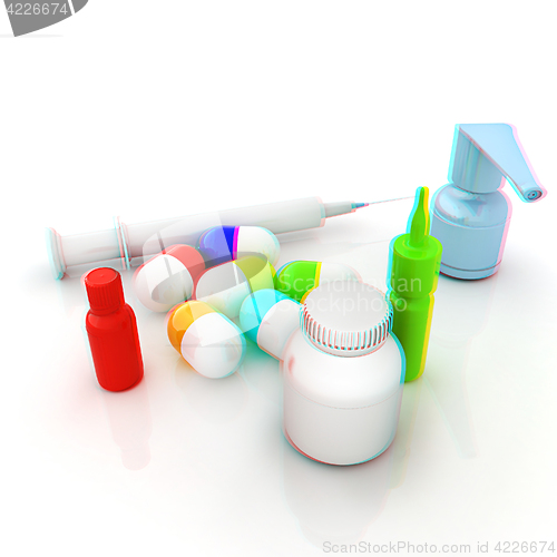 Image of Syringe, tablet, pill jar. 3D illustration. Anaglyph. View with 