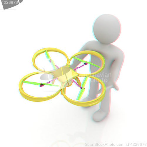 Image of 3d man with drone, quadrocopter, with photo camera. 3d render. 3