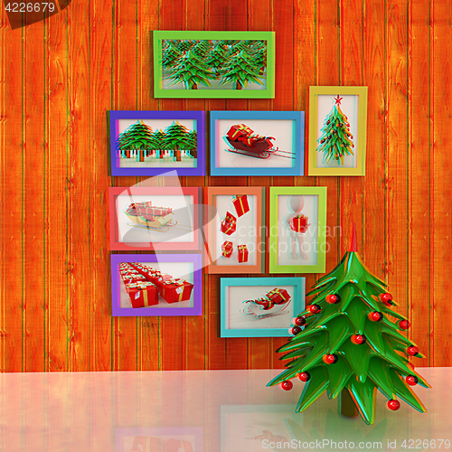 Image of Mock up poster on the wood wall with christmas tree and decorati