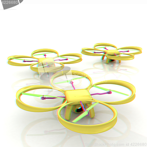 Image of Drone, quadrocopter, with photo camera. 3d render. Anaglyph. Vie