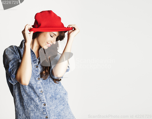 Image of young cheerful brunette teenage girl on white background