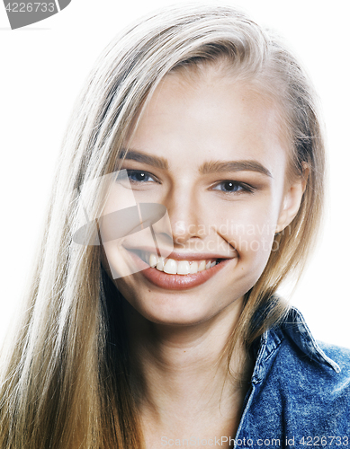 Image of young blond woman on white backgroung gesture thumbs up, isolate