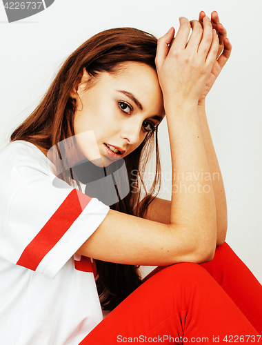 Image of young pretty teenage hipster girl posing emotional happy smiling on white background, lifestyle people concept 