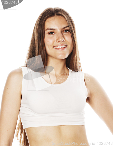 Image of young pretty teenage hipster girl posing emotional happy smiling on white background, lifestyle people concept 