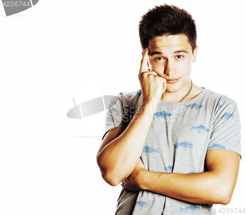 Image of young attractive man isolated thinking emotional on white close 