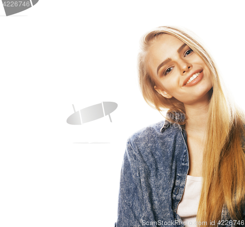 Image of young blond woman on white backgroung gesture thumbs up, isolate