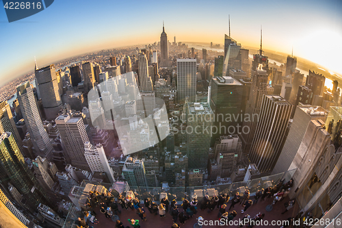 Image of New York City Manhattan skyline in sunset.