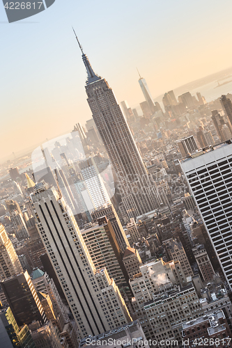 Image of New York City Manhattan downtown skyline at sunset.