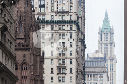 Image of New York City, Lower Manhattan, skyscrapers on Broadway street.