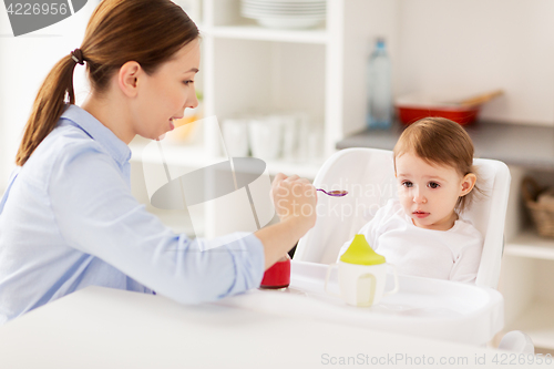 Image of happy mother feeding baby with puree at home