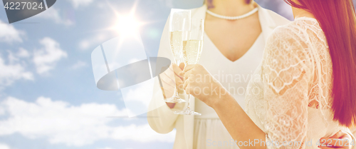 Image of close up of lesbian couple with champagne glasses