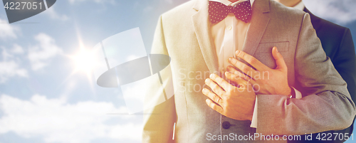 Image of close up of male gay couple with wedding rings on