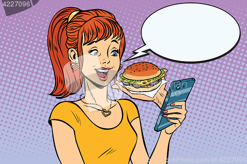 Image of girl teenager online ordering the Burger fast food