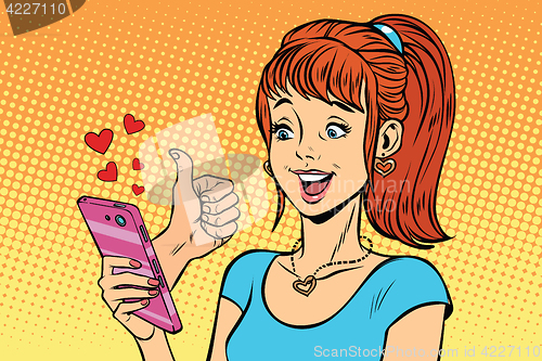 Image of Young woman reading smartphone online like, love and support