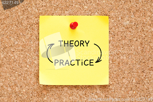 Image of Theory Practice Arrows Concept On Sticky Note