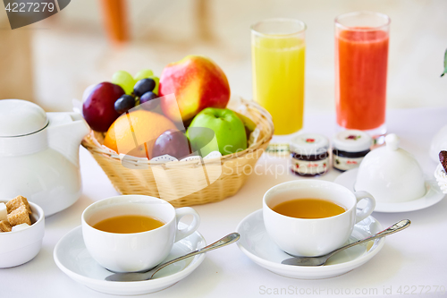 Image of delicious breakfast for two at the luxury hotel.