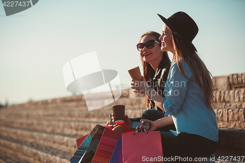 Image of Two girls walking with shopping on city streets