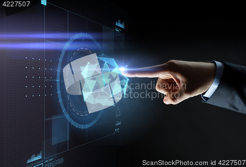 Image of male hand pointing finger to virtual projection