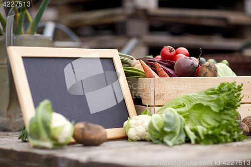 Image of close up of vegetables with chalkboard on farm