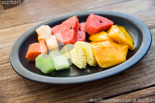 Image of still life with exotic tropical fruits in bowl