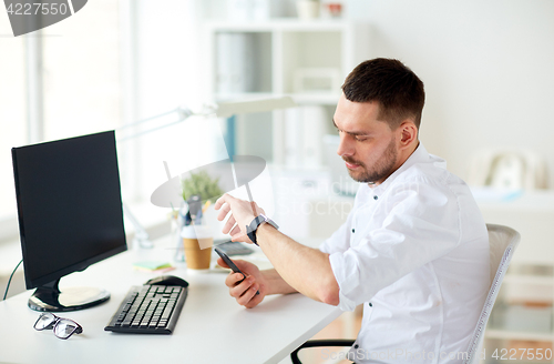 Image of businessman with smartphone and computer at office