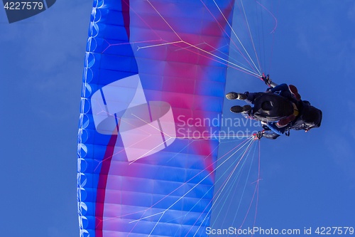 Image of Paragliding in tandem, extreme sport, free gliding and blue sky 