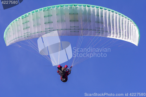 Image of Paragliding in tandem, extreme sport, free gliding and blue sky 