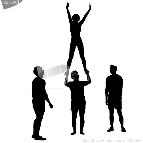 Image of Black silhouette two acrobats show stand on hand. illustration