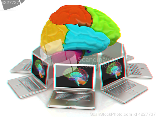 Image of Computers connected to central brain. 3d render. Anaglyph. View 