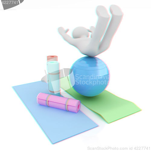 Image of 3d man on a karemat with fitness ball. 3D illustration. Anaglyph