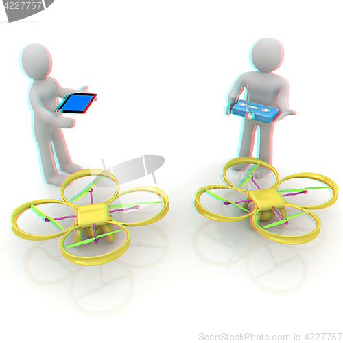 Image of 3d white people. Man flying a white drone with camera. 3D render